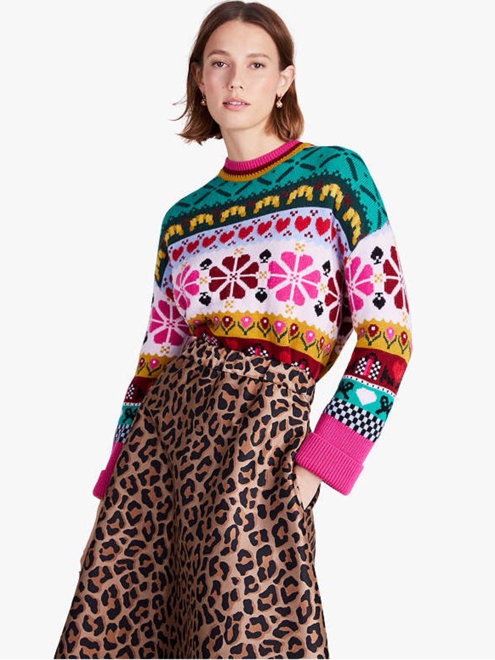 kate spade Multicolor Floral Fair Isle Crewneck Sweater — Pink, Green, Yellow